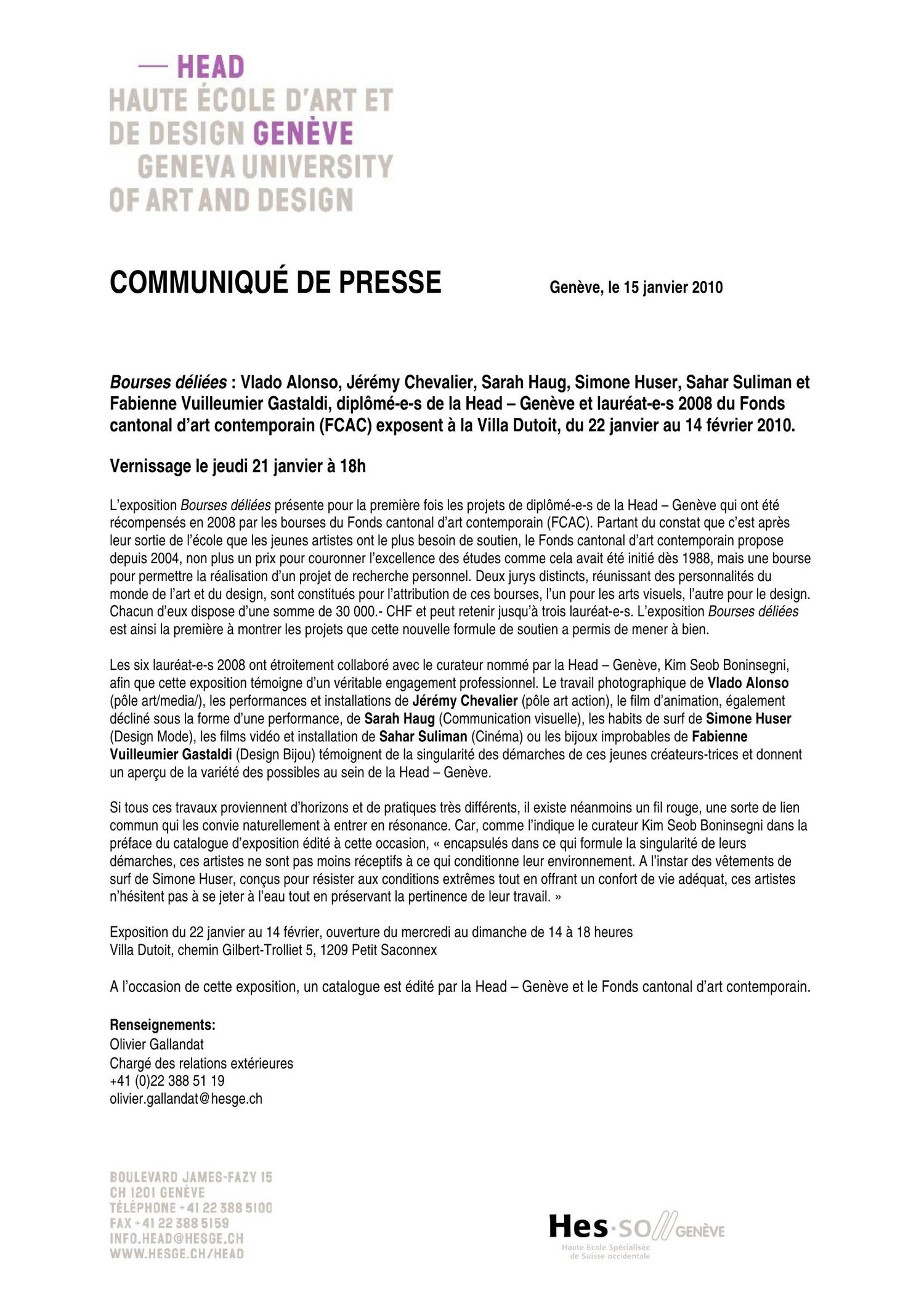 Bourses déliées — Communiqué de presse